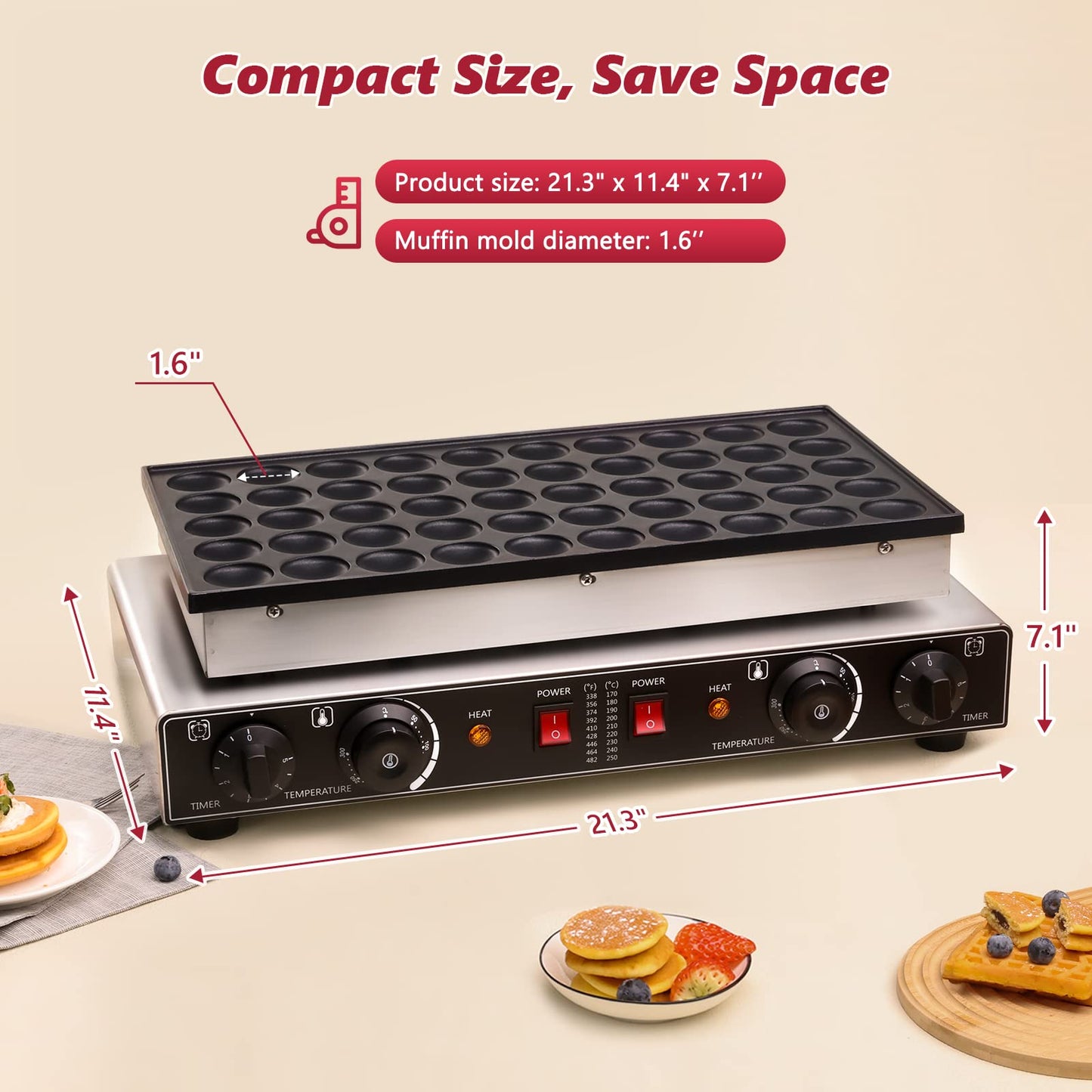 LANUEVA Mini Dutch Pancake Maker with Recipe, 50pcs 1.6" Electric Pancake Maker Machine Non-Stick Coating, Stainless Steel, Fast Heating, Home & Commercial Use (110V)