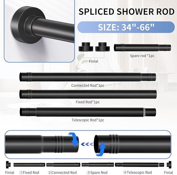 Black Shower Curtain Rod 34-66 Inches(2.8-5.5ft) Never Rust Adjustable Shower Rod Spring Tension Non Slip No Drilling Shower Rods for Bathroom Garland Window