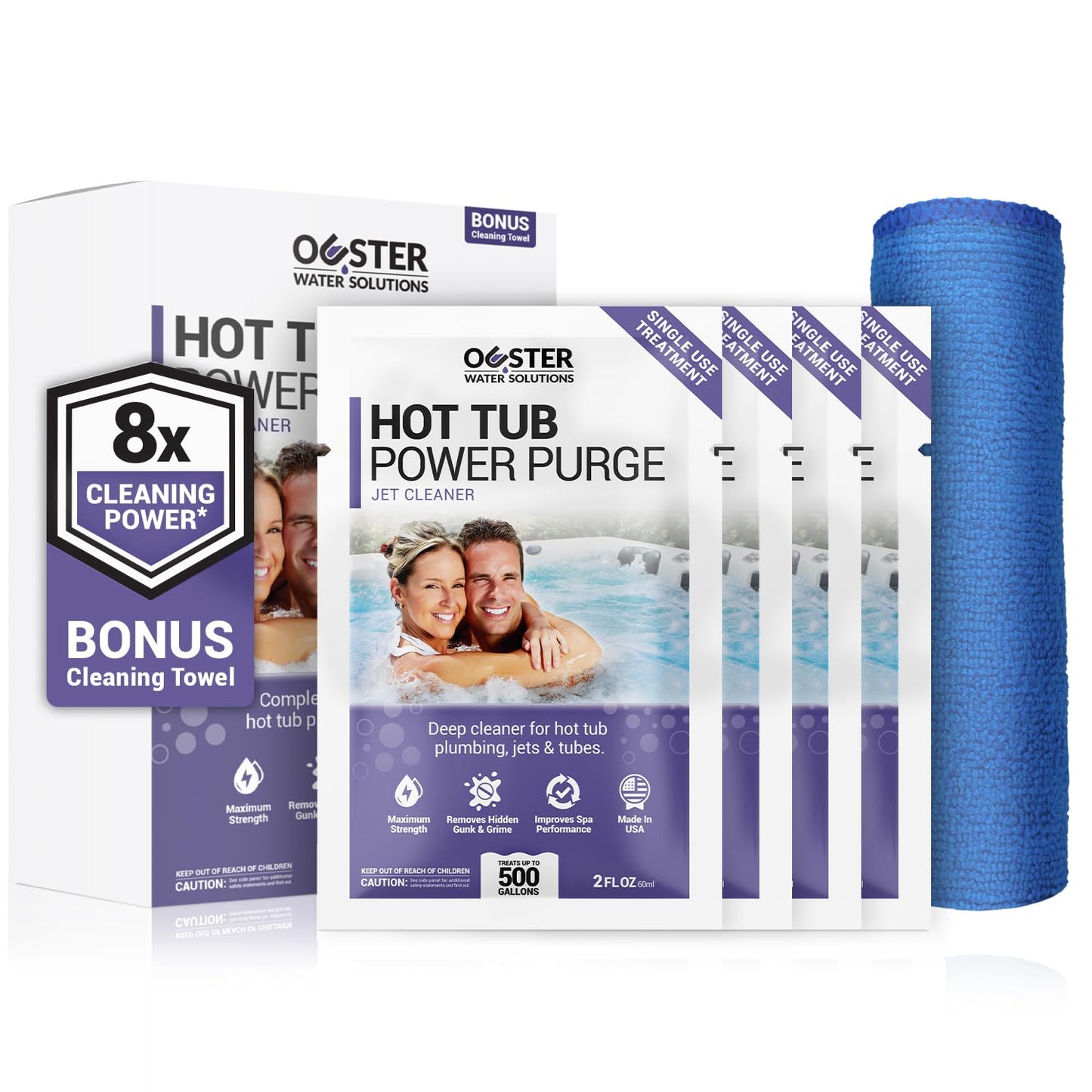 Bio Ouster Power Purge Hot Tub Jet Cleaner w/Towel - Hot Tub Cleaner for Jets, Tubes, Plumbing - for Standard & Inflatable Spas - Removes Gunk Buildup for Crystal Clear Water - Made in USA (4-Pack)