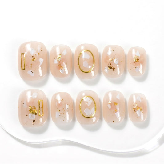 Sun&Beam Nails Handmade Short Round Gold False Nail Tips with Cute 3D Shell Popular Charm Design Press On Nails 10 Pcs (#039 S)