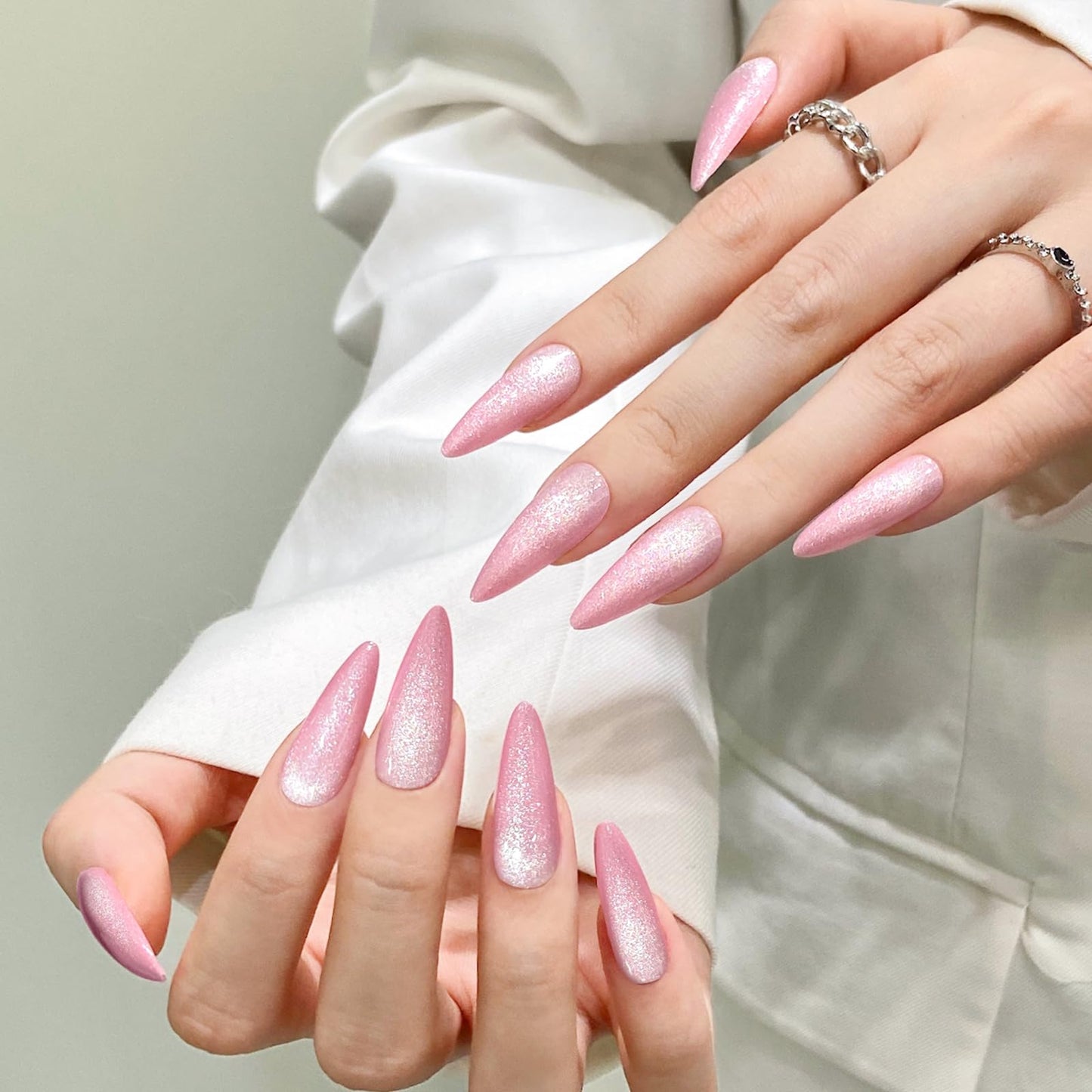 Pink Almond Cat Eyes Press On Nails,12 Sizes - 24 Pcs Soft Gel Pink Medium Fake Nails Kit with Nail Glue, Natural Reusable Stick On False Nails for Women and Girls SK1011