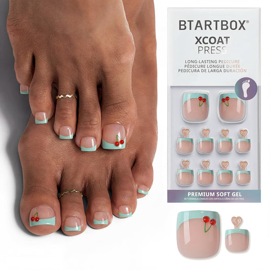 BTArtbox Press On Toenails Short - Berry Pail, Lamp-Curable 4-Week Wear 3D French Tip Square Toe Nail Press Ons with Glue and Adhesive Tabs, Easy-to-Apply in 15 Sizes - 30 Toenails All-in-One Kit