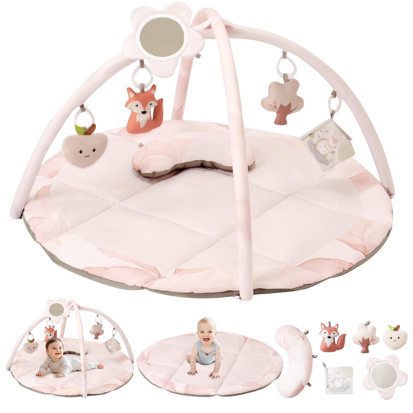 Fortella Baby Play Gym & Activity Mat, Machine Washable & Foldable Tummy Time Mat with 5 Detachable Toys, Certified Safe Newborn Essentials Gift for Baby Registry 0-12 Months (Rose Pink)