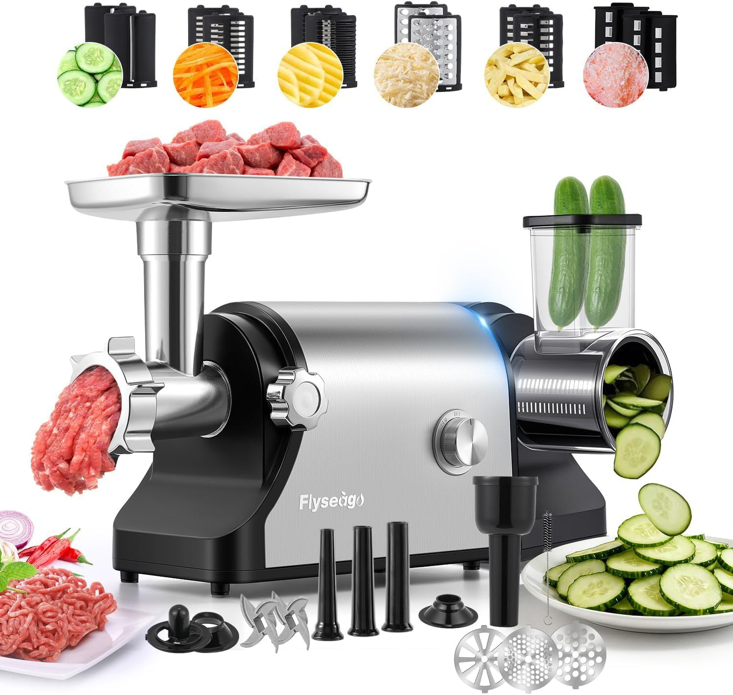 Flyseago Multifunctional 3200W Electric Meat Grinder Heavy Duty Commercial Meat Grinders, Veggie Shredder, Ice Cutter with 2 Blades, 3 Grinding Plates, 3 Sausage Tubes, Meat Grinder for Home Use