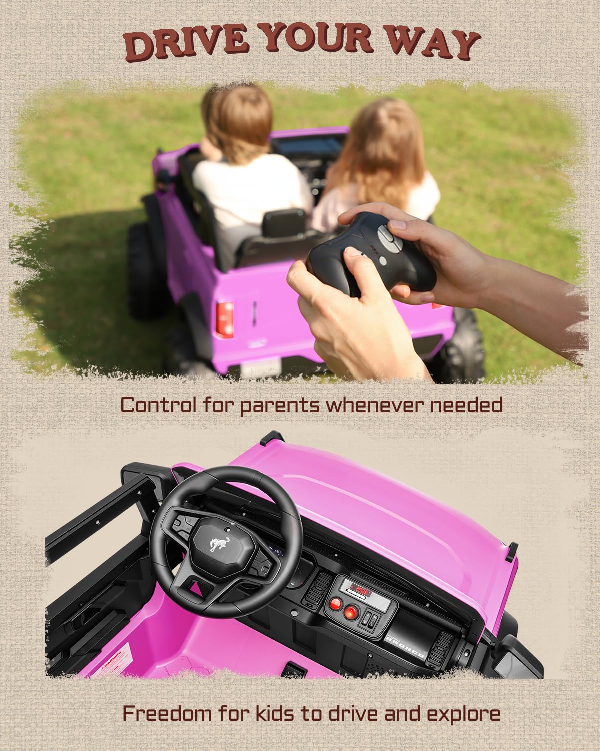 First Ride On 24V Ride on Toys for Big Kids, Licensed Ford Bronco Base 2 Seater Ride on Car with Remote Control, Girl Ride on Truck w/Seat Belts, 3 Speeds, Spring Suspension and Bluetooth (Pink)