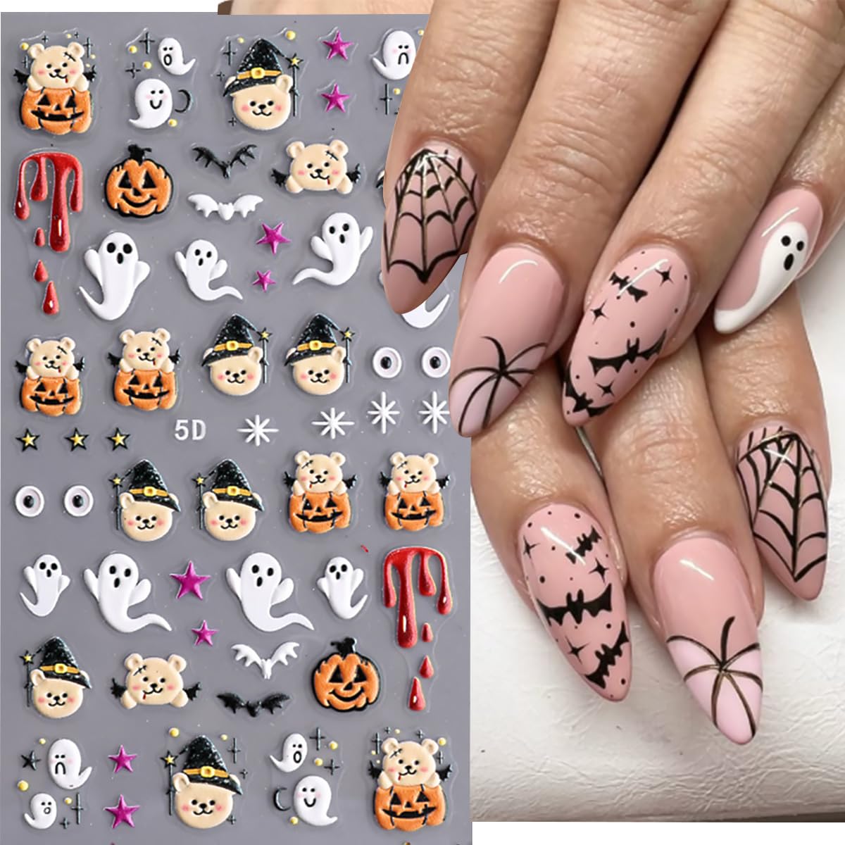 3 Sheets Halloween 5D Embossed Nail Art Stickers Cute Ghost Spider Wed Nail Decals Self Adhesive Gothic Pumpkin Skull Nail Stickers Glitter Gold Nail Design Decals Holiday Nail Decoration for Women
