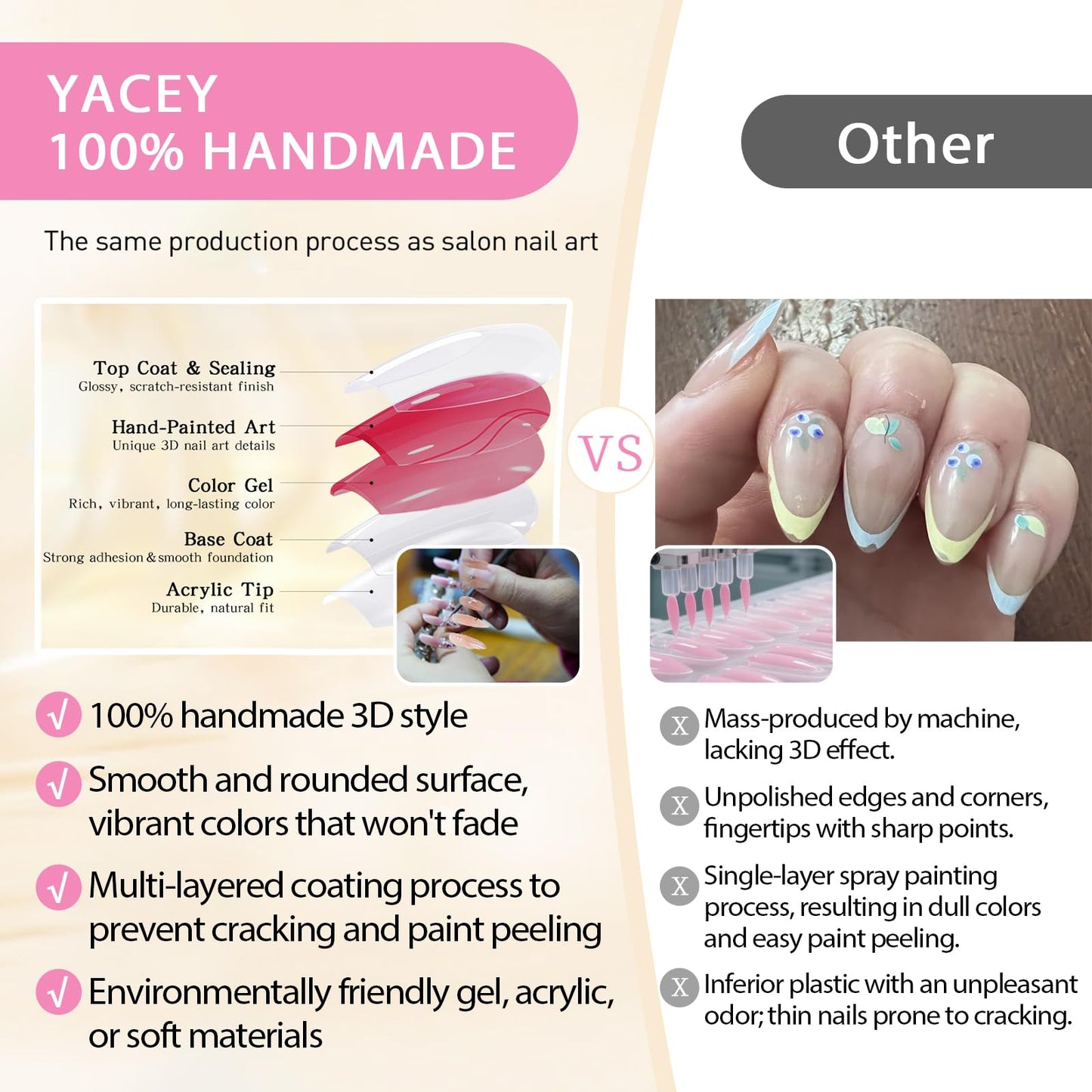 Yacey 3D Floral Handmade Press on Nails, Medium Coffin Reusable Wedding False Nails Press Ons, Pink Cat Eyes with Charms Acrylic Fake Nails, Luxury Bling Glue on Nails for Women Girls (10 Pcs, S)