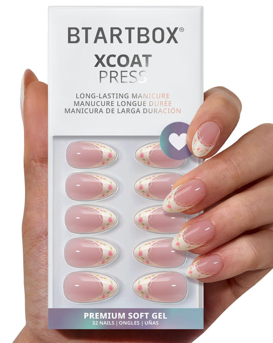 BTArtbox French Tip Press On Nails - Sunprint Dress, Lamp-Curable 4-Week Wear Pink Short Almond Press On Nails with Glue and Adhesive Tabs, Easy-to-Apply in 16 Sizes - 32 Nails All-in-One Kit