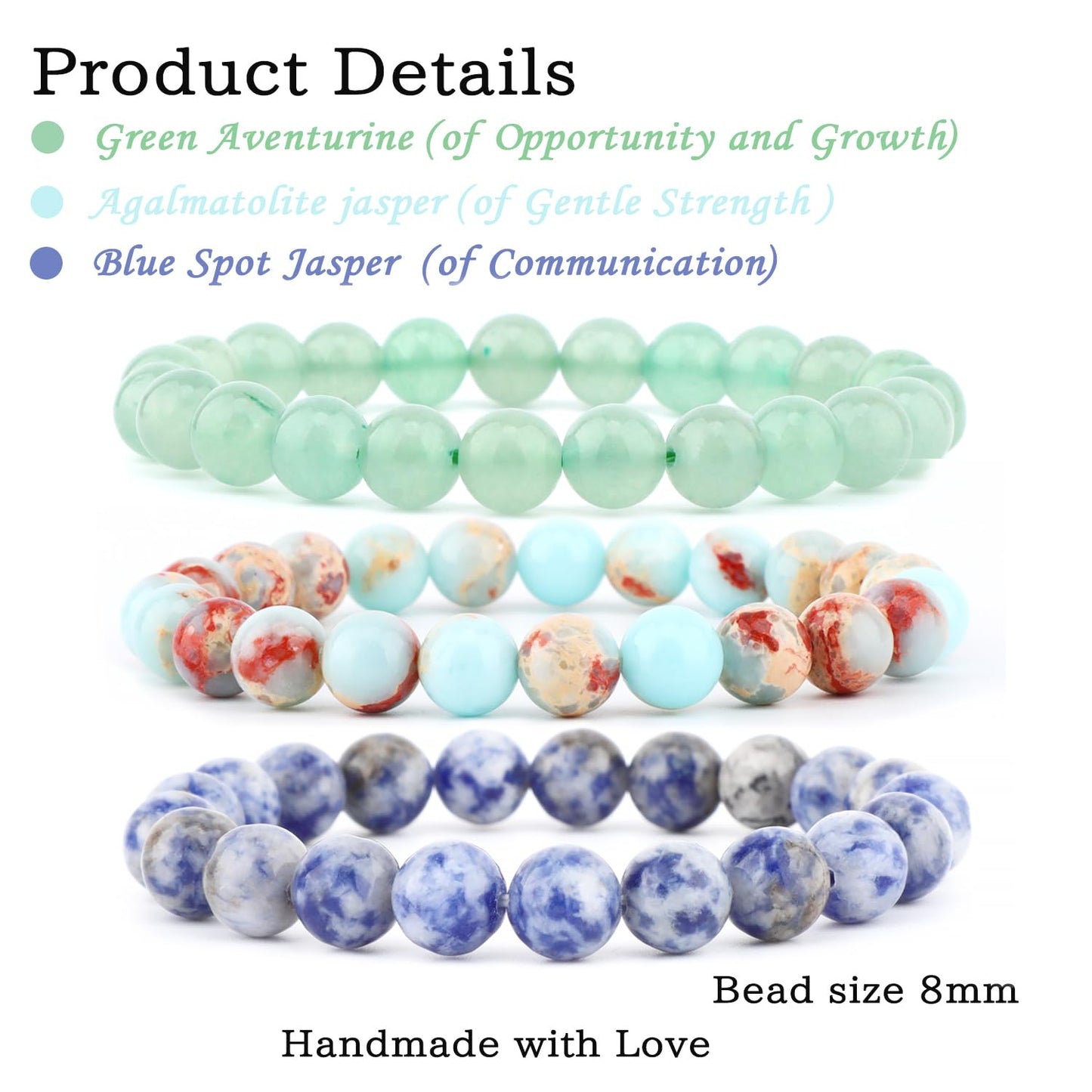 CMBYN 3-Pieces 8mm Natural Crystal Gemstone – ﻿Agalmatolite Jasper, Blue Spot, Green Aventurine Handmade Reiki Energy Healing Stretch Bracelets Jewelry for Yoga, Meditation, Unisex