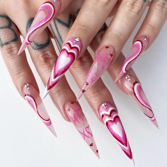MISUD Press on Nails - Long Stiletto Fake Nails with Hot Pink, Acrylic Valentines Heart Design 24 pcs