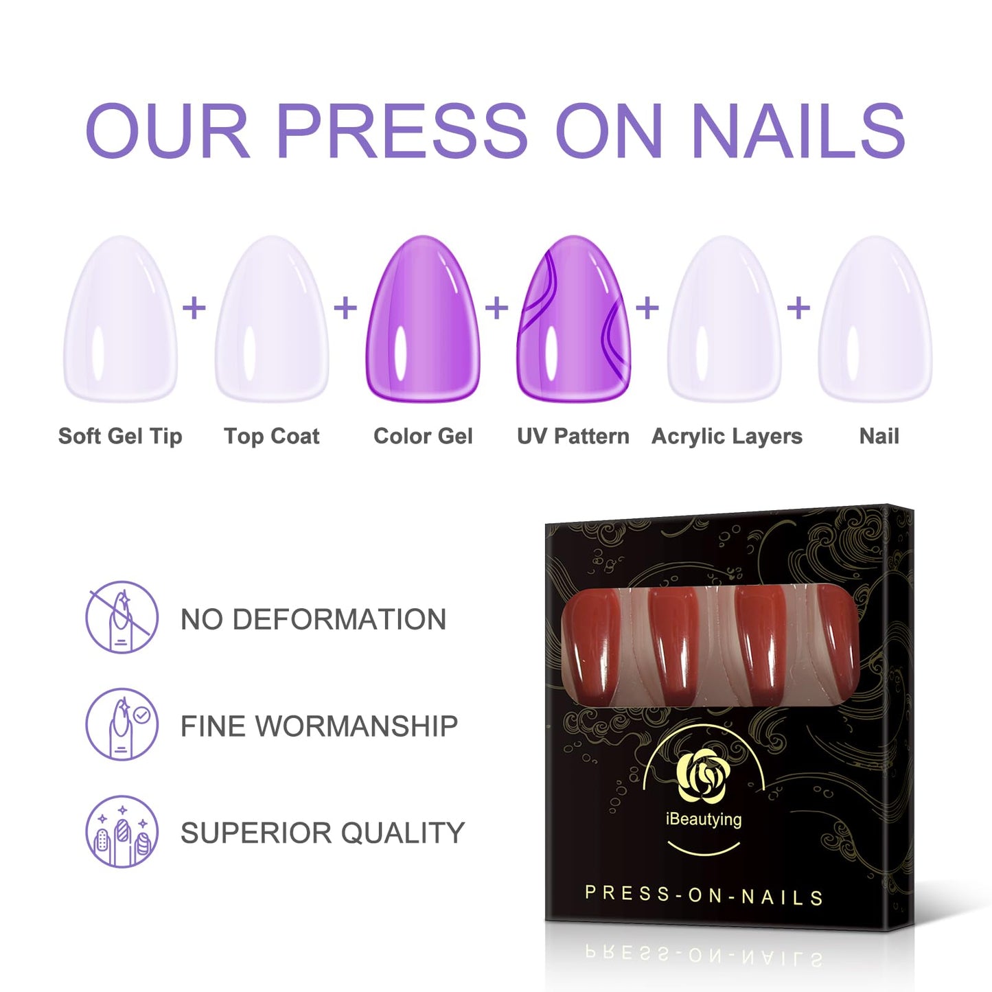 iBeautying Press on Nails - Christmas Chinese Red Solid Color False Nails | Ballerina Long Coffin Reusable Fake Nails in 10 Sizes - 24 Nail Kit with Jelly Glue Pad