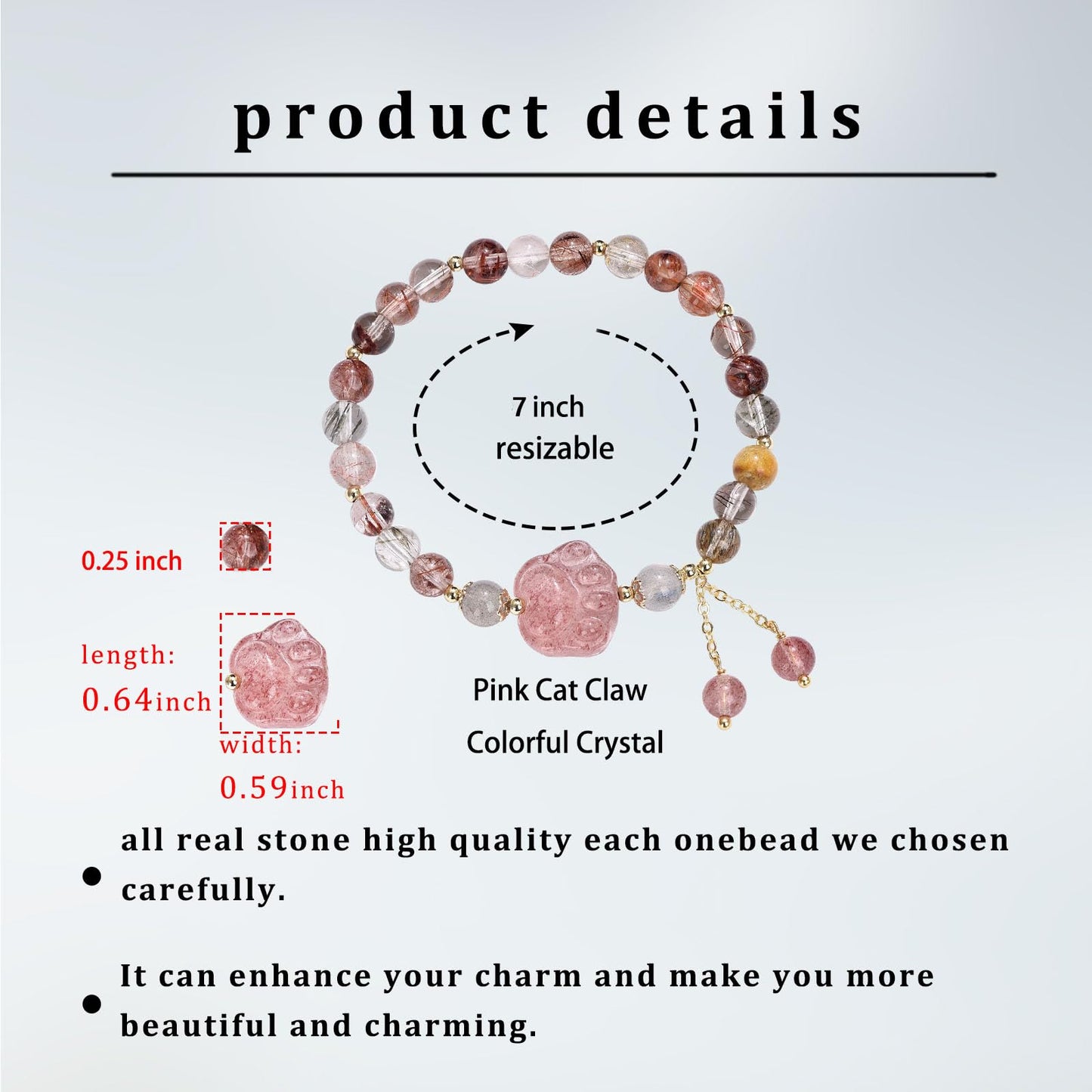 LWQQWL Cat Paw Bracelet Colorful Quartz Crystal Cat Claw Bracelet Strawberry Stone Bracelet Jewelry 7 Inch for Women