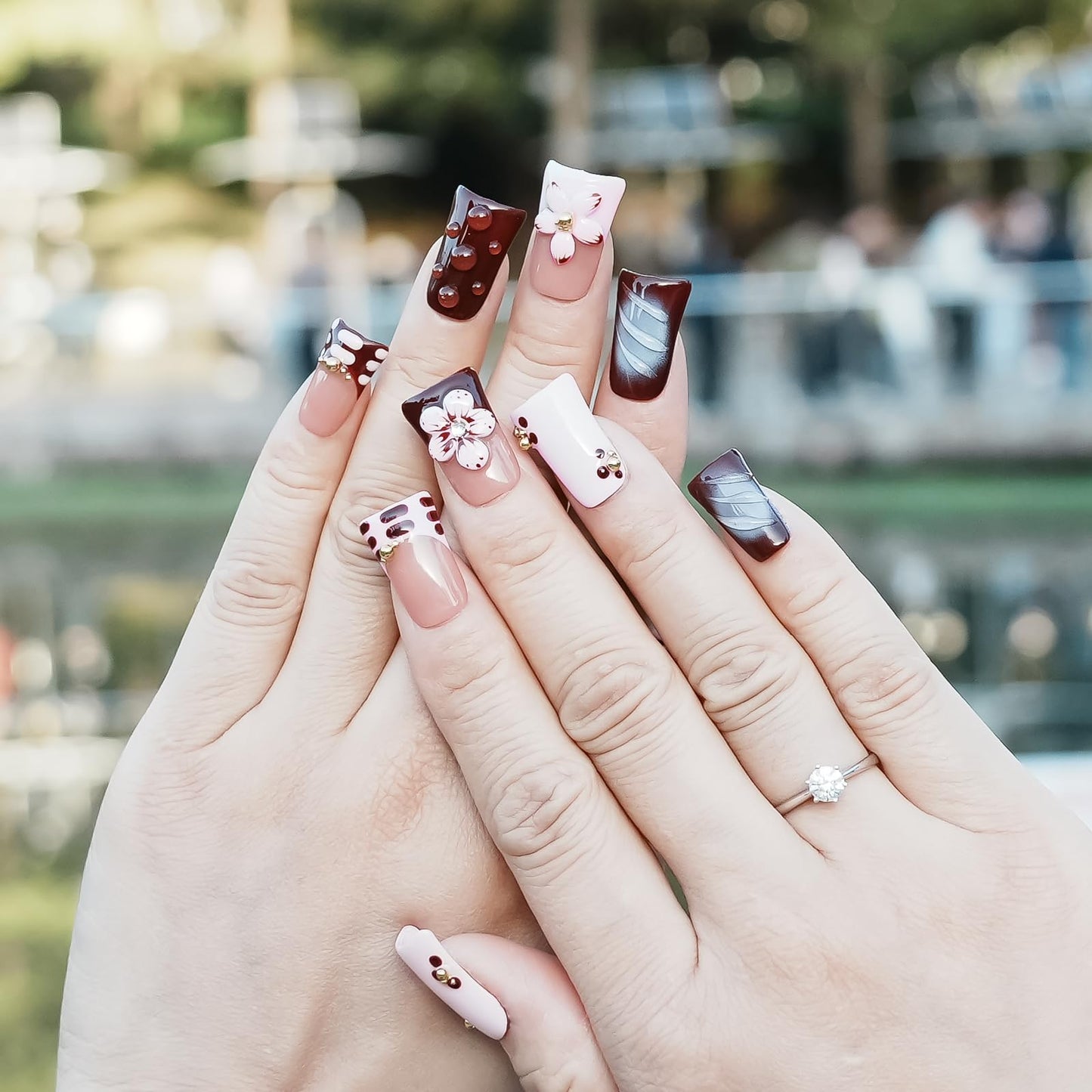 Tesytto Handmade Press on Nails Short Duck - Burgundy Nude Pink Ombre French Tip with 3D Cherry Flower & Y2K Gold Beads, Summer Reusable Acrylic Full Cover (Blush Mauve Flower Waltz, S)