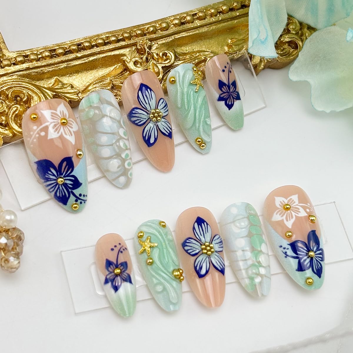 24Pcs Handmade Press on Nails Medium Almond Flower Fake Nails with 3D Gold Bead Starfish Design Spring Summer Acrylic Nails Glossy Green French Tip False Nails Blue White Floral Glue on Nail for Women