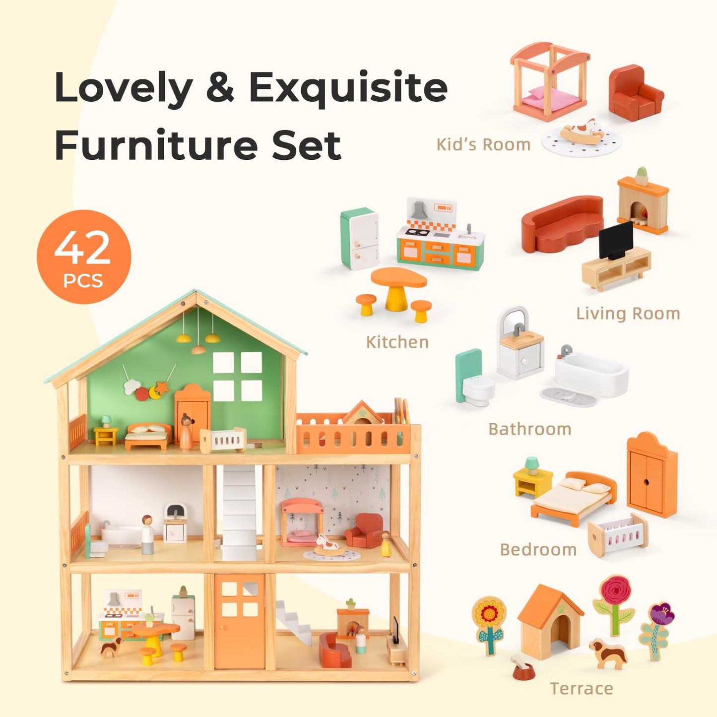 OOOK Large Wooden Dollhouse with 42 Pcs Luxurious Furniture Accessories, 3-Story Doll House 6 Rooms Balcony Wooden Stairs, Ideal Modern Doll House for 3 Year Old