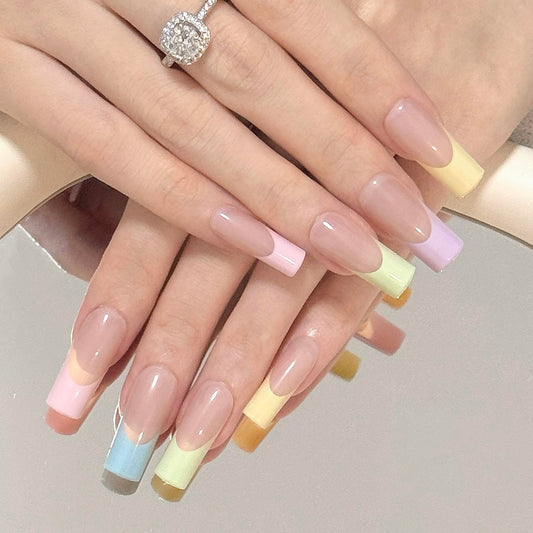 150 Pcs French Tip Press on Nails - Long Square Press on Nails, French Tip Gel X Nails French Press on Nails, Colored Nail Tips Soft Gel Nail Tips Acrylic Nails, French Tip Nails