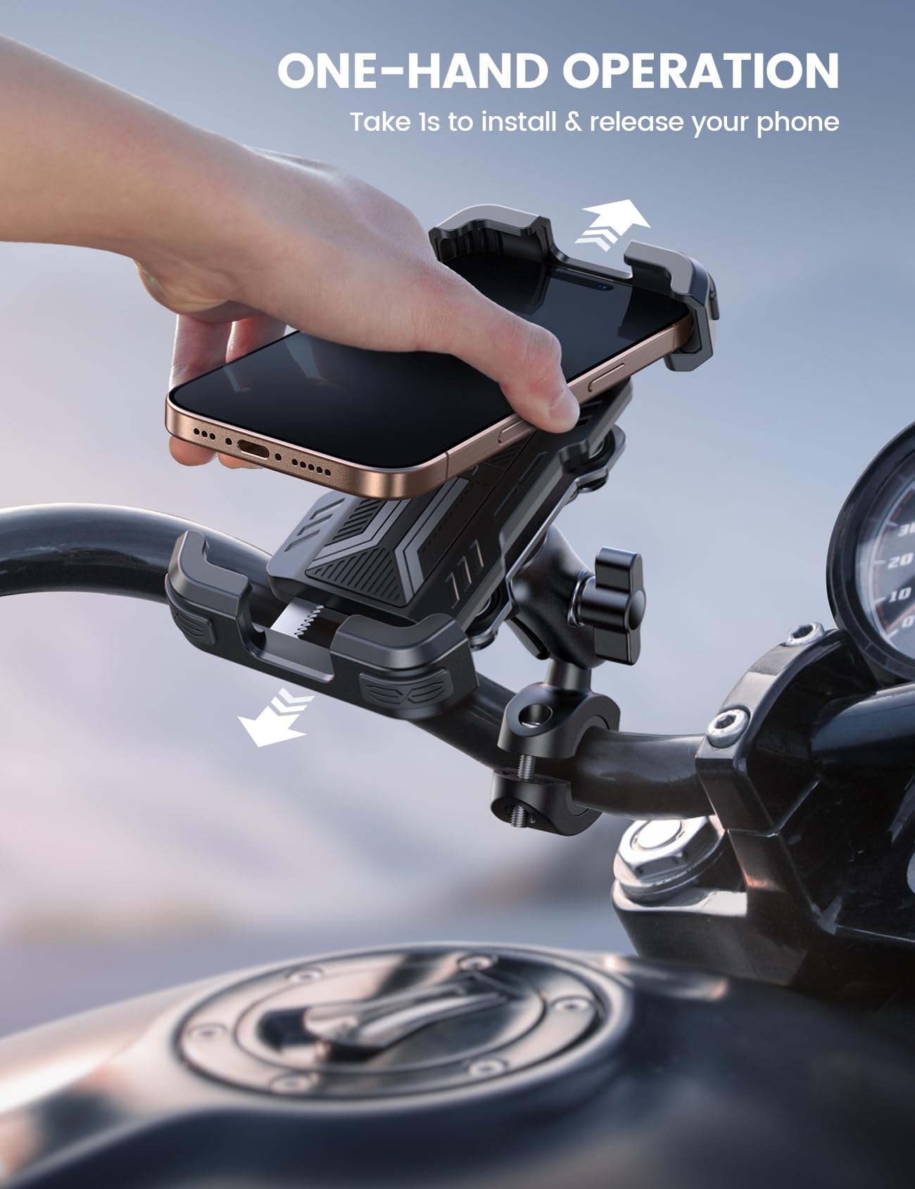 Lamicall Motorcycle Phone Mount Holder - [Dual Vibration Dampener] [Metal Adjustment Arm] Motorcycle Cell Phone Holder, Bike Handlebar Phone Mount, Gifts for iPhone 16 15 14 Pro Max, 4.7-6.7" Phones