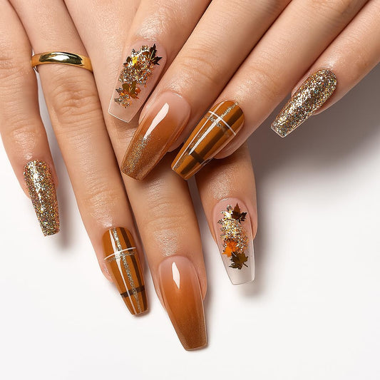 Press On Nails Long Coffin Fake Nails, Brown & Gold Maple Leaf Sequin Acrylic Nails, 24 PCS Fake Nails with Nail File & Glue Tabs, Reusable ABS Material