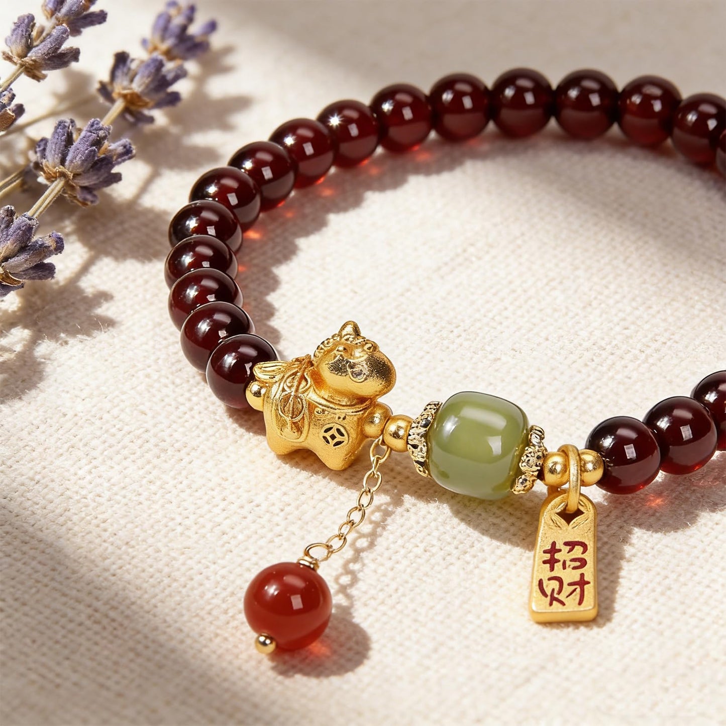 Buddha Stones 5mm Red Garnet Bracelet for Women Gold Horse Bracelet with Hetian Jade and Agate, Feng Shui Wealth Zodiac Bead Charm Bracelets Healing Crystal Jewelry Gifts 6.7 Inch