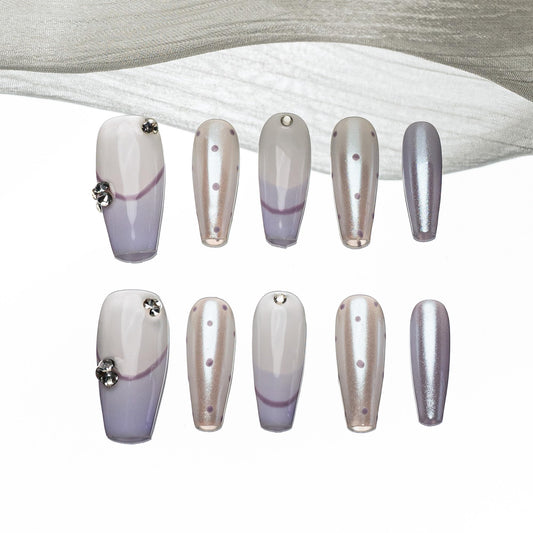 Sun&Beam Nails Handmade Press-on Medium Coffin Ballerina Silver Purple White Dot French Rhinestone Design Fashion False Nail Tips 10 Pcs Set (#182 M)