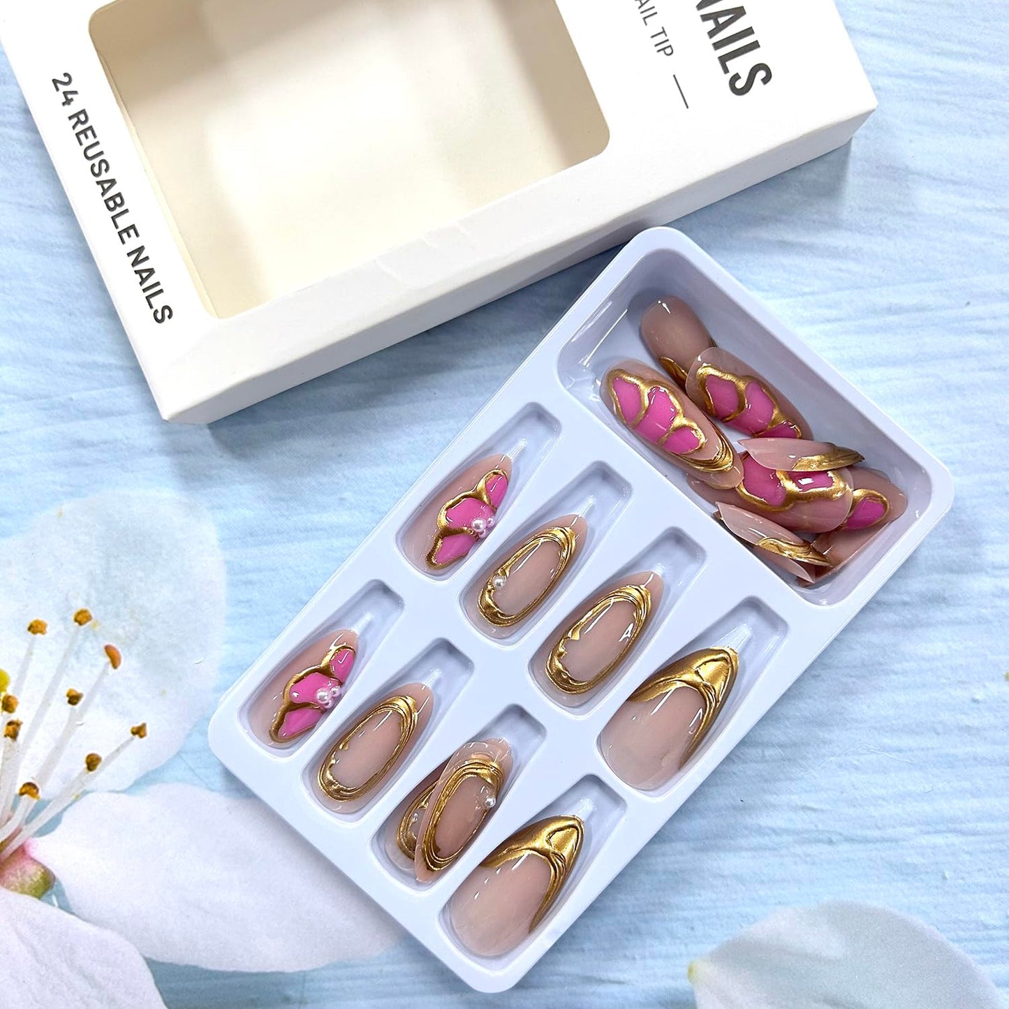 Flower Press on Medium French Tip False Nails - Floral Pearl 3D Gold Lines Design Acrylic Coffin Full Cover Almond Press Ones - Artificial Glue on for Women