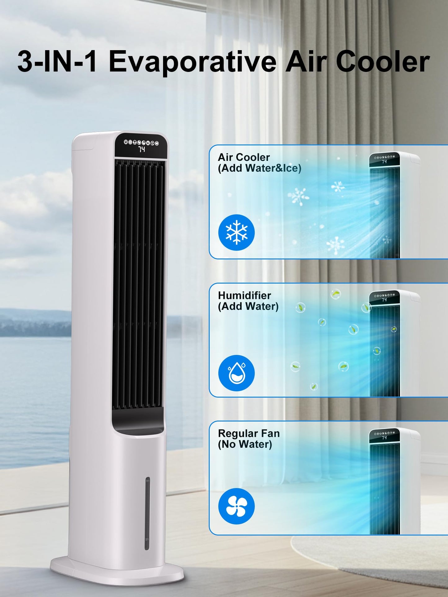 Uthfy 41" Portable Air Conditioners, 3-in-1 Swamp Cooler with 4 Modes, 3 Speeds, 120° Oscillation, 4 Ice Packs, 4L Removable Water Tank, Remote, Easy Cleaning, White