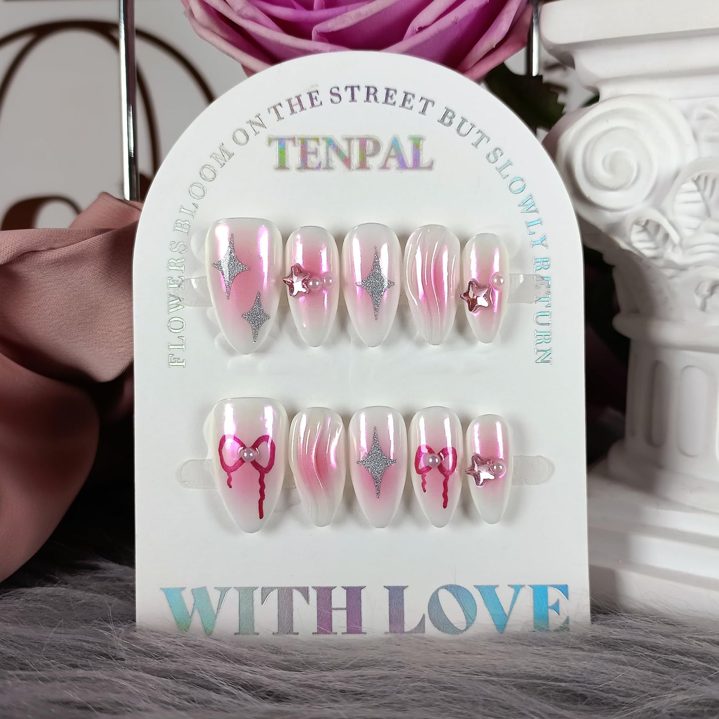 TENPAL Handmade Press On Nails Almond-Aurora Pink Acrylic Soft Gel Finished Reusable Fake Nails,Y2k Sweet Cool Glue On Nails With 3D Star Bow Charms 10pcs/Box Manicure Kit Sets (L)