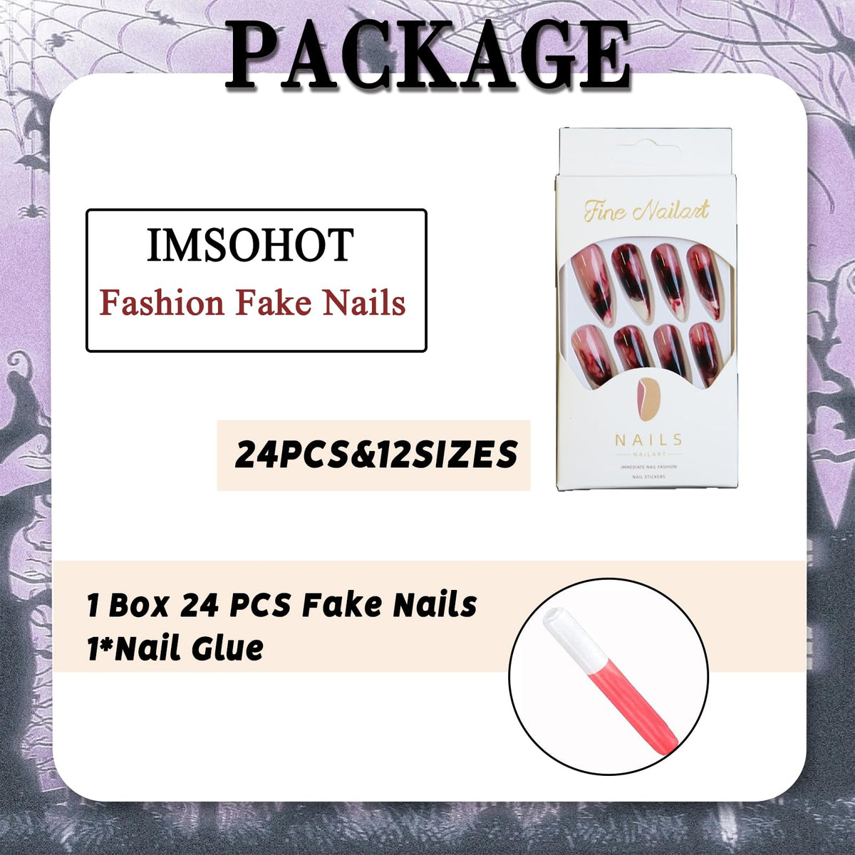 IMSOHOT Long Stiletto Press on Nails Red Ombre White French Tips Fake Nails Glossy Acrylic False Nails Full Cover Halloween Nail Supplies Glue on Nails for Women 24Pcs