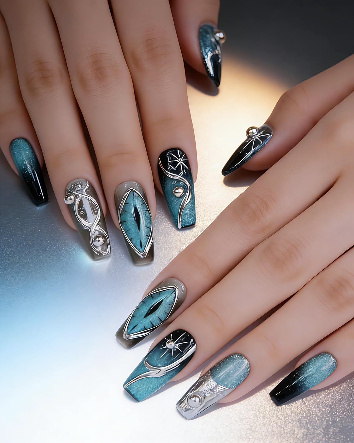CAMILCY Handmade Press on Nails Long Coffin Blue Black Silver Glossy Luxury 3D Metal Charms Reusable Acrylic Artificial Fake Nails Full Cover False Nails for Women 10pcs (A048, S)