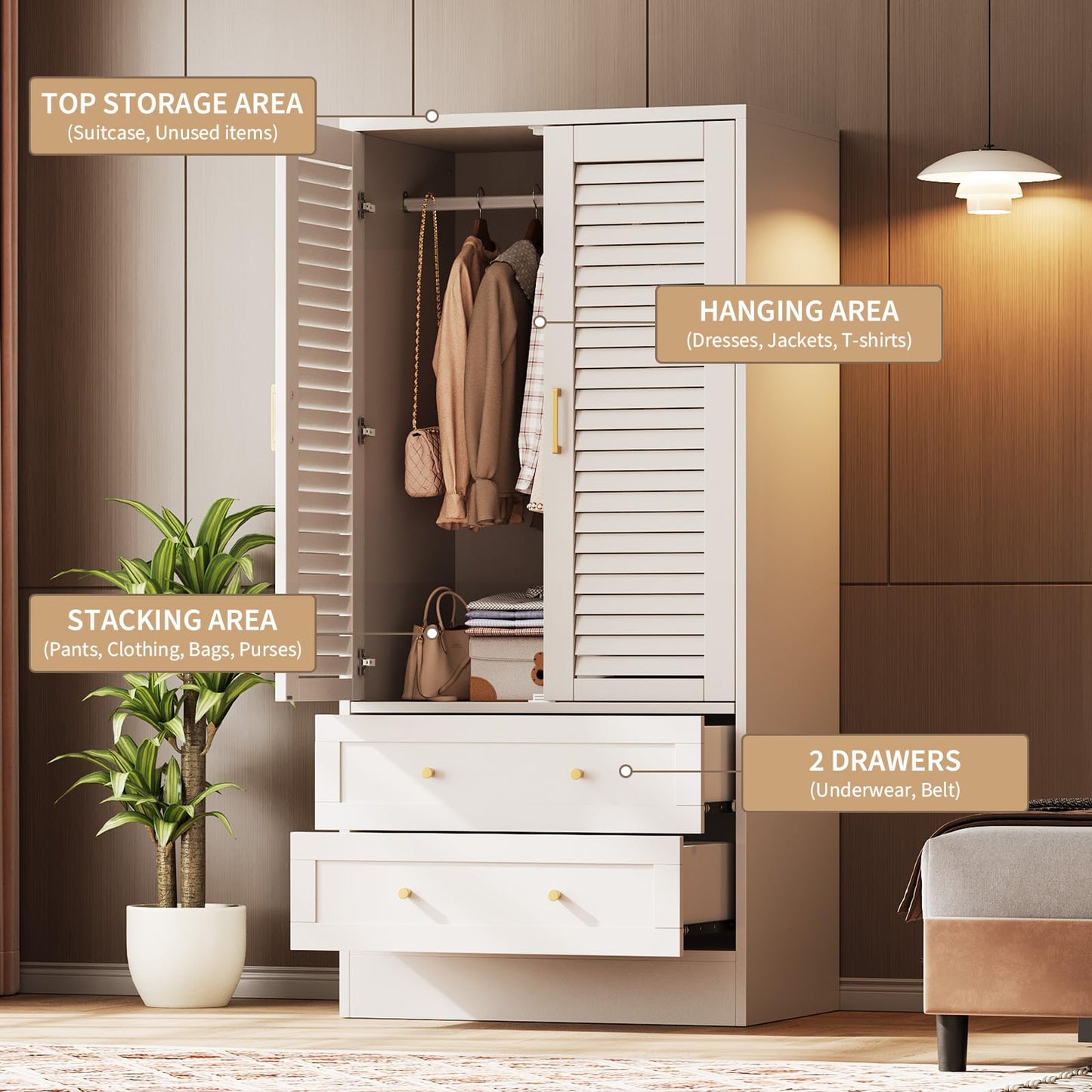 65" Louvered Armoire Wardrobe Closet, Wood Clothing Storage Cabinets with 2 Doors and 2 Drawers, Wooden Wardrobe Closet with Hanging Rod for Bedroom, Cloak Room, Laundry Room, Entrance Hall, White