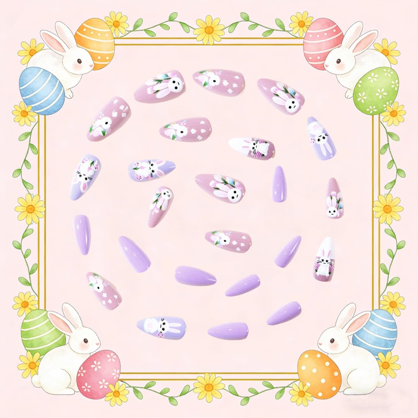 CJDLTS Flowers Easter Press on Nails Medium Artificial Almond Acrylic Fake Nails Cute Cartoon Rabbit Design Press Ons Artificial Fingernails Full Cover Glossy for Women Festival Manicure 24Pcs