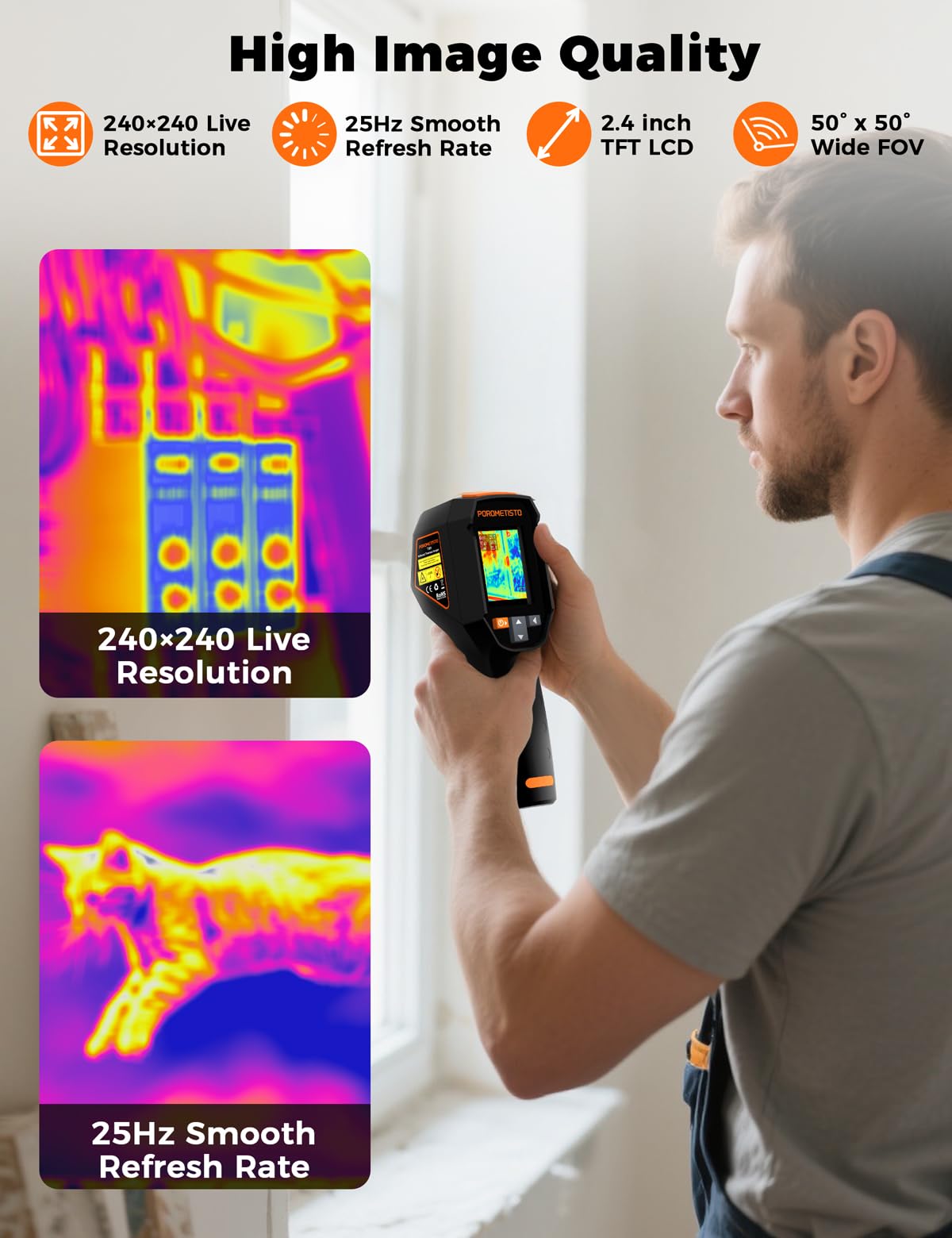 POROMETISTO Ti01 Thermal Camera,240x240 IR Resolution Thermal Imaging Camera,-4°F-1022°F,15 Available Colors Thermal Imager,Display Resolution 320x240 Infrared Camera,Infrared Camera,25Hz,IP54