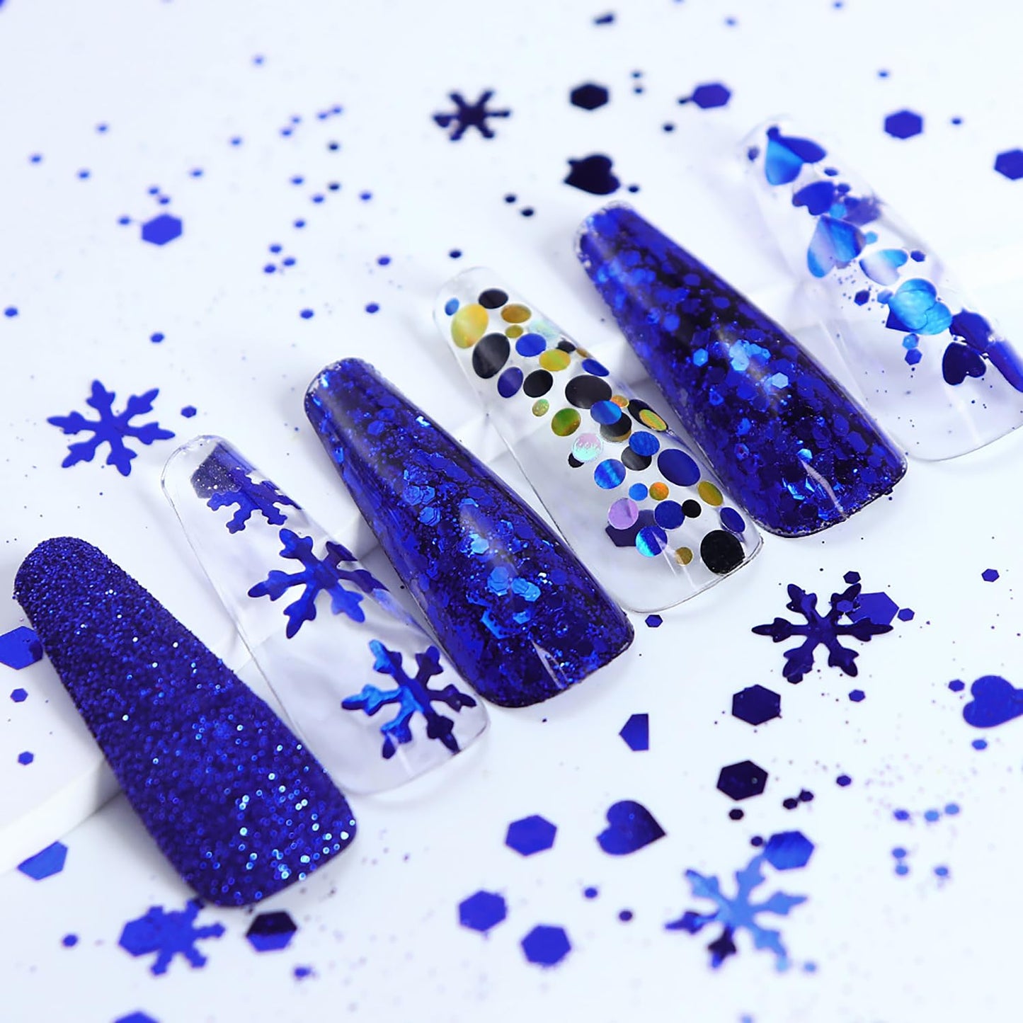 Christmas Dark Blue Snowflake Nail Art Glitter Flakes, Mixed Blue Manicure Fine Gitte Powder, Butterfly Nail Art Sequins Supplies for Women Manicure Charms Decorations, DIY Sparkly False Nails Crafts