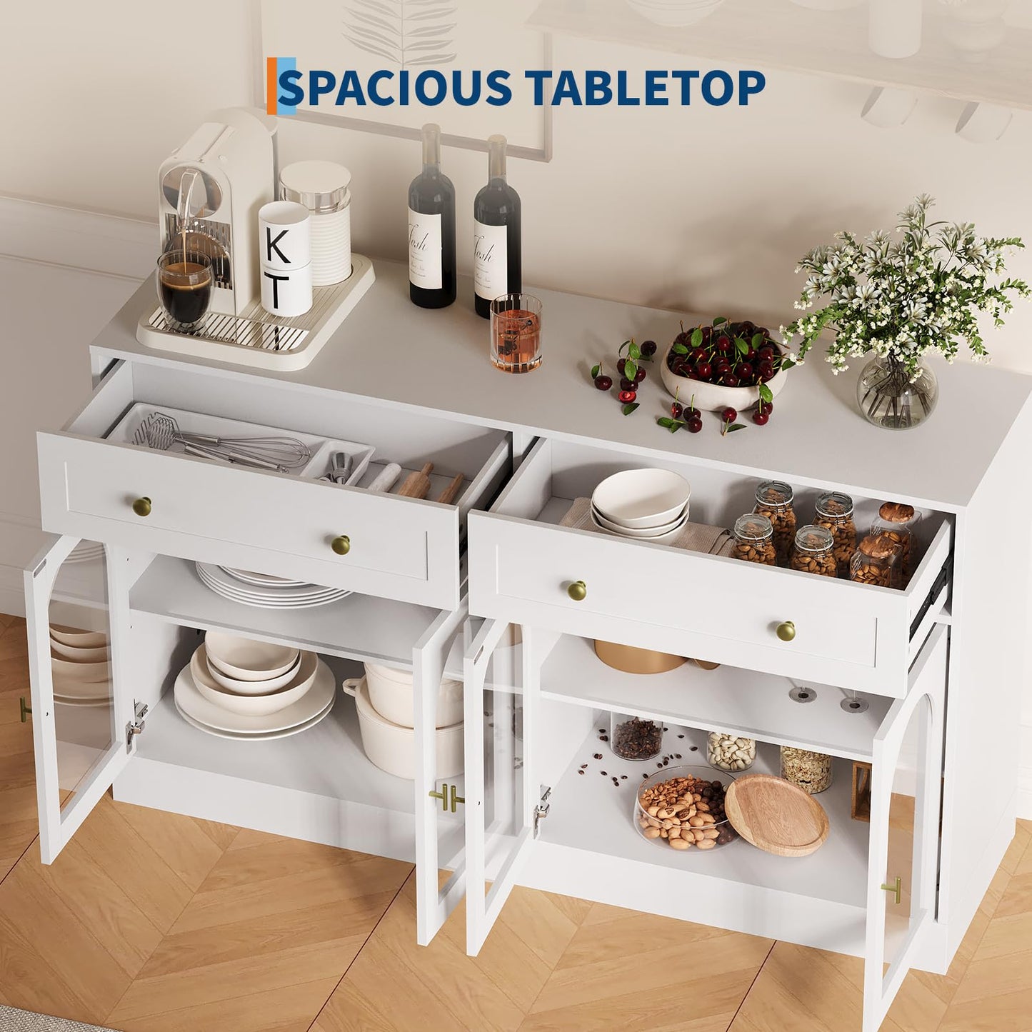 55" Farmhouse Sideboard Buffet Cabinet with Storage, Large Glass Display Cabinet Console Coffee Bar Buffet Table with 2 Drawers & Acrylic Doors for Kitchen, Dining Room, Living Room, White