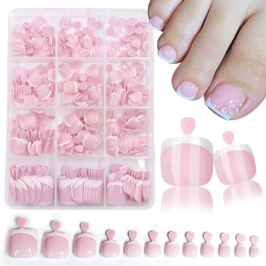 French Tip Press On Toenails Short Square Fake Toenails with White French Tip Design Stick on Toenails Pink False Toe Nails Handmade Artificial Glue on Toe Nails for Women Nails Art Decoration 240Pcs