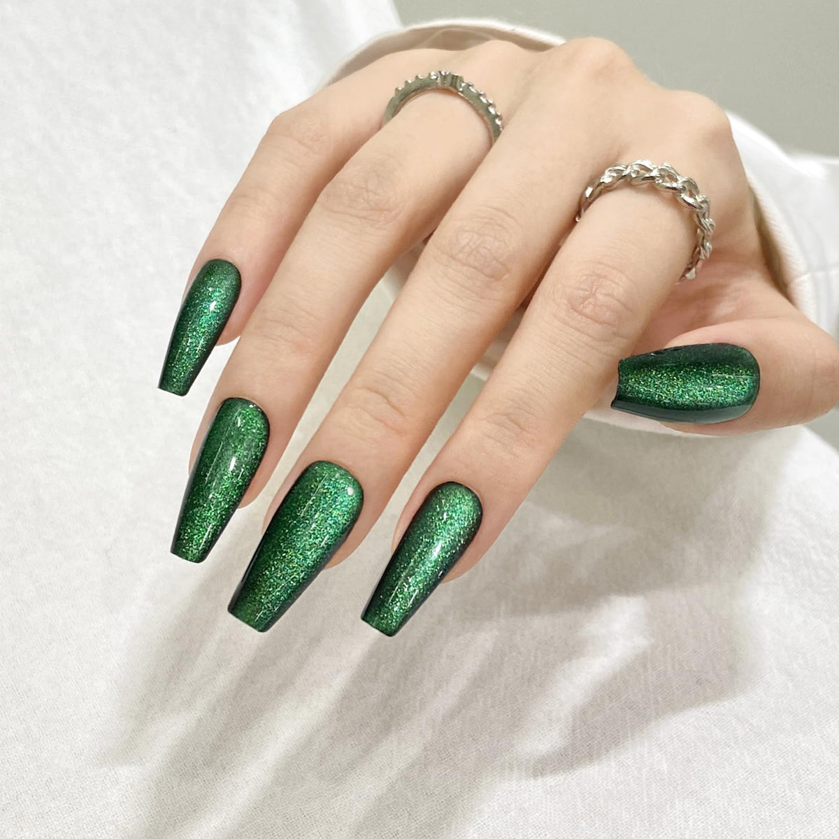 Dark Green Cat Eyes Press On Nails,12 Sizes - 24 Pcs Soft Gel Green Medium Coffin Fake Nails Kit with Nail Glue, Natural Reusable Stick On False Nails for Women and Girls SK0998