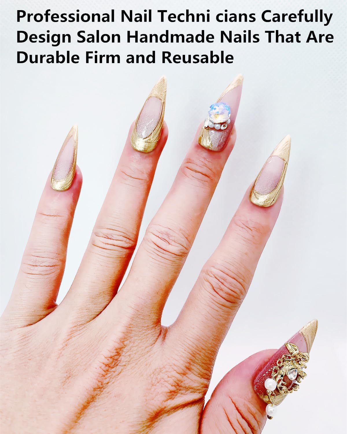 CAMILCY Press on Nails Handmade Nails Luxury Reusable Fake Nails For Girls long Almond Armor Tip Golden Pink Diamonds HandPainted Salon Loveful Design Acrylic GelUV Finished 3D Nails 10PCS (A003, M)
