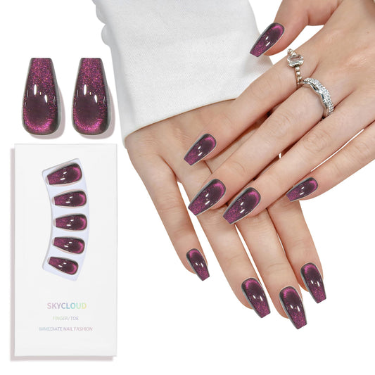 Purple Cat Eyes Press On Nails for Women Girls, 12 Size-24 Pcs Purple Medium Coffin Fake Nails, Skycloud Reusable Stick On False Nails SK0721