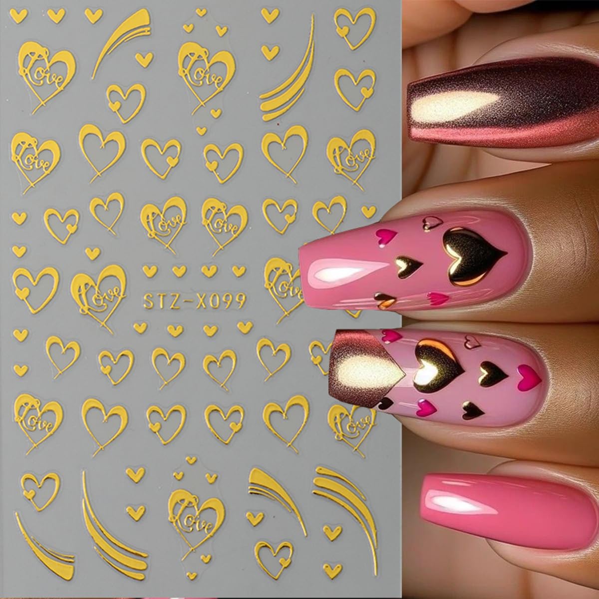 Valentine’s Day Nail Art Stickers Decals Golden Love Heart Nail Decals Nail Art Supplies 4PCS 3D Self-Adhesive Empty Heart Love French Stripe Valentines Nails Design Manicure Sliders for Women Girls