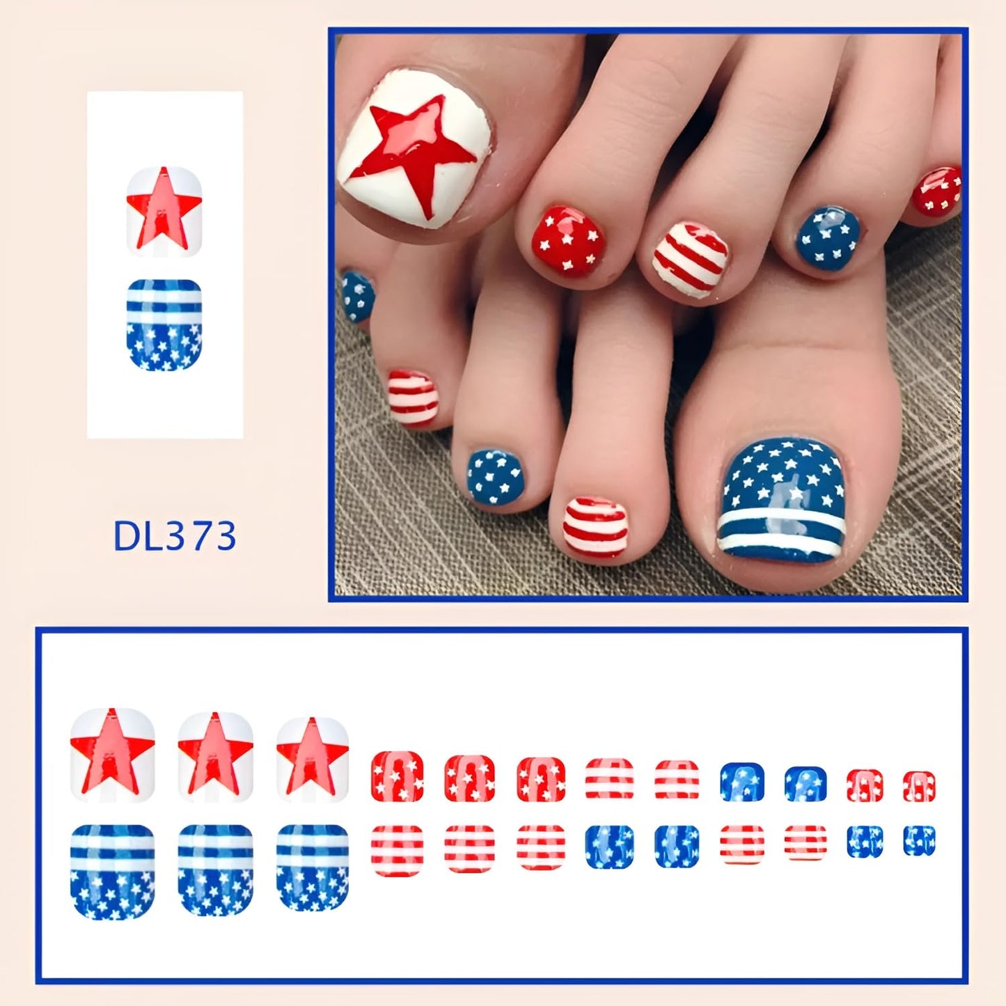 Independence Day Press on Toenails Short Square Fake Toe Nails Blue Red Toenail Press Ons with Star Design 4th of July False Toenails Glossy Glue on Toe Nail Acrylic Stick on Toenail for Women 24Pcs