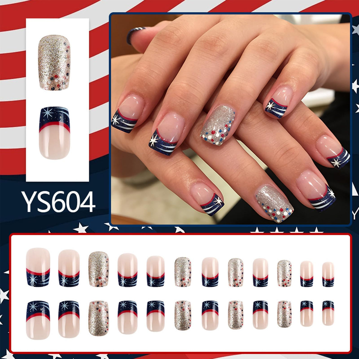 4th of July Press on Nails Medium Square French Tip Fake Nails Polka Dot Silver Glitter False Nails Independence Day Patriotic Nails Full Cover Glossy Stick on Nail for Women Manicure 24Pcs