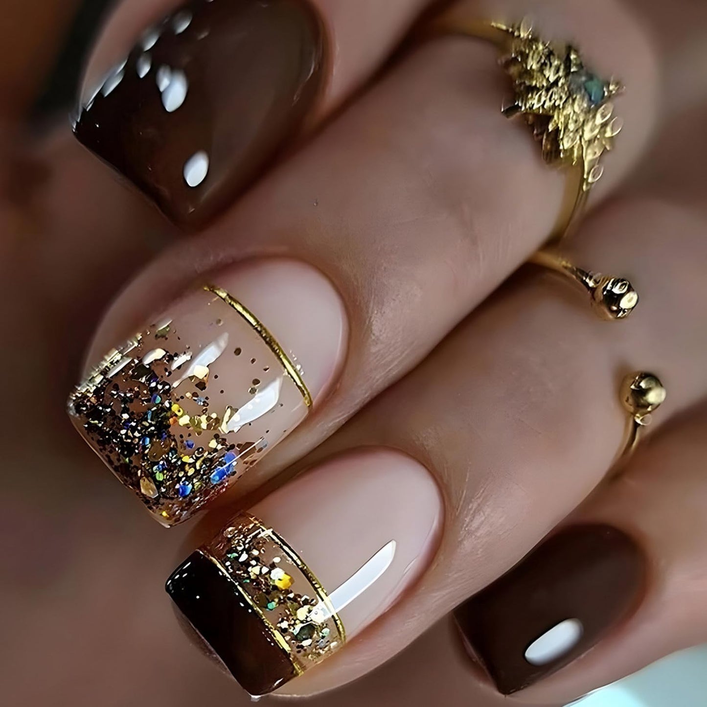 Fall Press on Nails Short Brown Fake Nails Glossy Full Cover Square False Nails with Glitter Design Stick on Nails for Autumn Press ones Reusable False Nails for Women Girls DIY Manicure 24Pcs