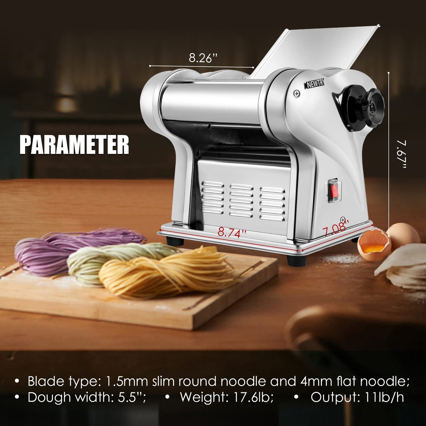 NEWTRY Electric Pasta Maker Noodle Maker Pasta Making Machine Dough Roller Cutter Thickness Adjustable Stainless Steel US 110V for Family Use 2 Blades Type