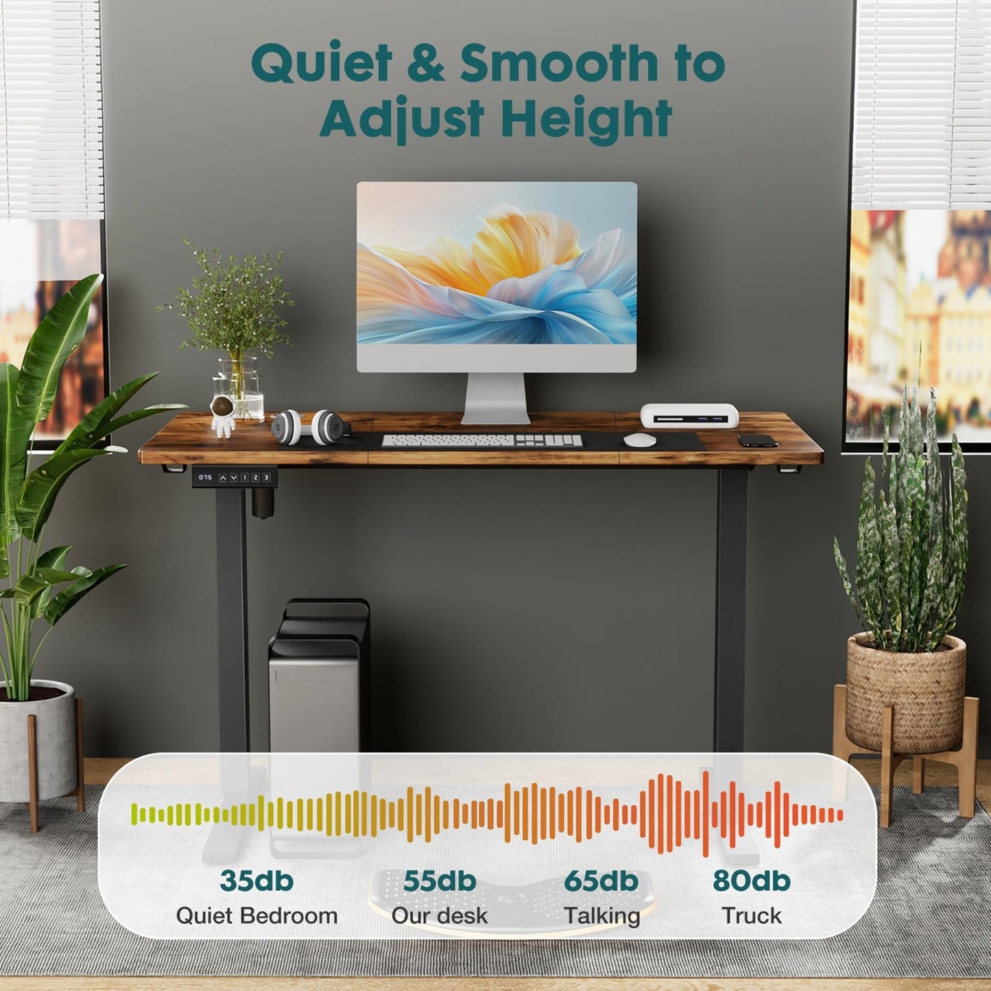 KMFurnila Electric Standing Desk Adjustable Height, 63" x 24", Sit Stand up Desk with 3 Memory Settings, Computer Desk with Cable Management for Home Office, Metal Frame, Brown