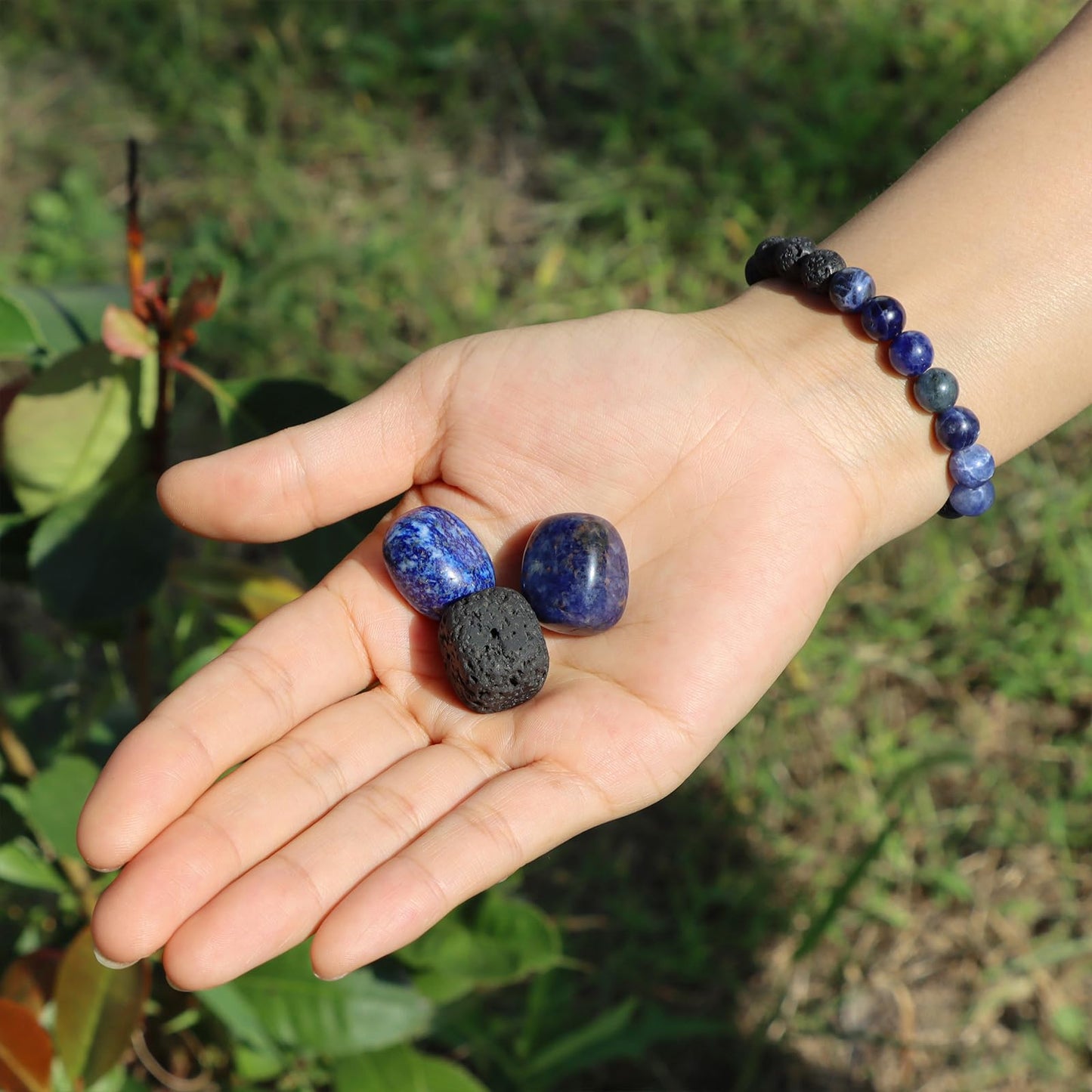 GolbalJew Natural Stone Beads Bracelet With Healing Stones Crystal Beginner Gift Set of 4 for Emotional Balance, Blue Lapis Lazuli, Lava Rock, Sodalite, Apatite, Turquoise, Amazonite, Obsidian, Hematite, Tiger's eye Palm Stones