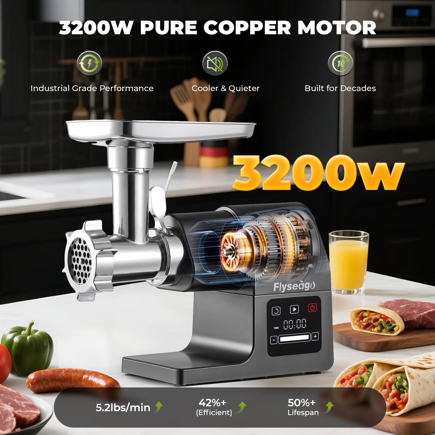 Flyseago Multifunctional Meat Grinder Electric 3200w Digital Touch Control Commercial Heavy Duty Meat Grinder, Veggie Slicer, Ice Cutter Sausage Stuffers and Kubbe Kit for Household Use & Commercial