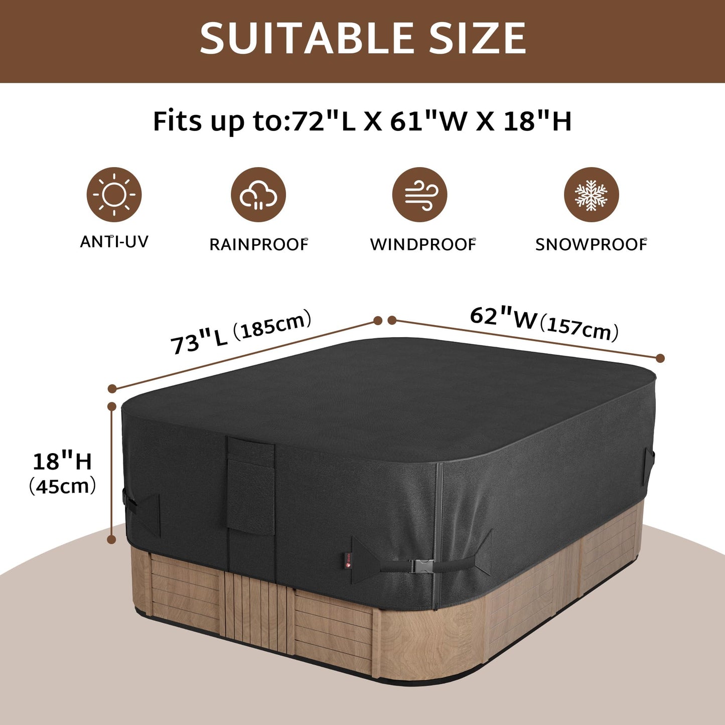 iBirdie Outdoor Waterproof Rectangular Hot Tub Cover 73 x 62 inch fit 72 x 61 or 71 x 60 or 70 x 59 SPA 600D Heavy Duty Rectangle Weatherproof Protectors Protective Cover Cap