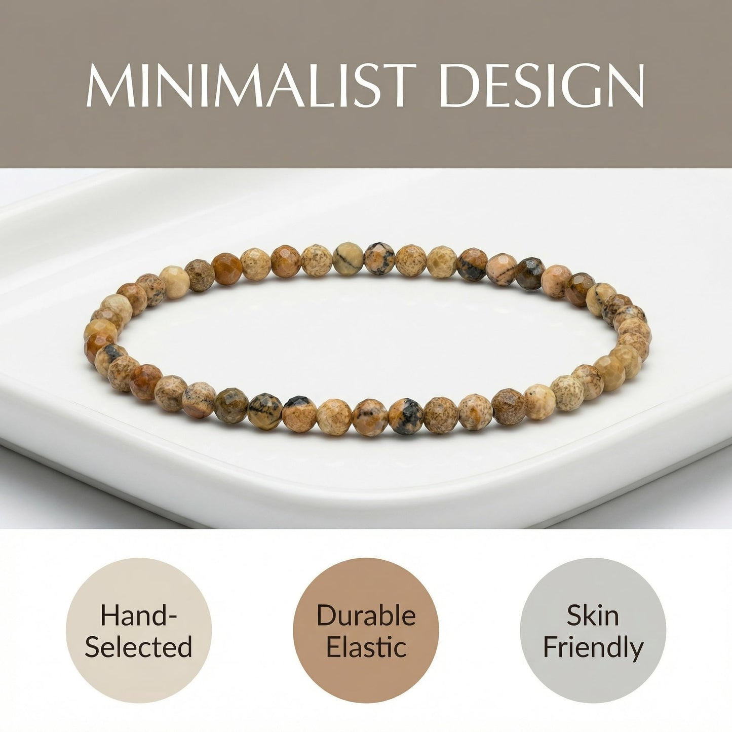 Angelstones Natural Picture Jasper Gemstone Small Beaded Stretch Bracelet, 4mm Faceted Round Beads, Crystal Healing Bracelet for Women