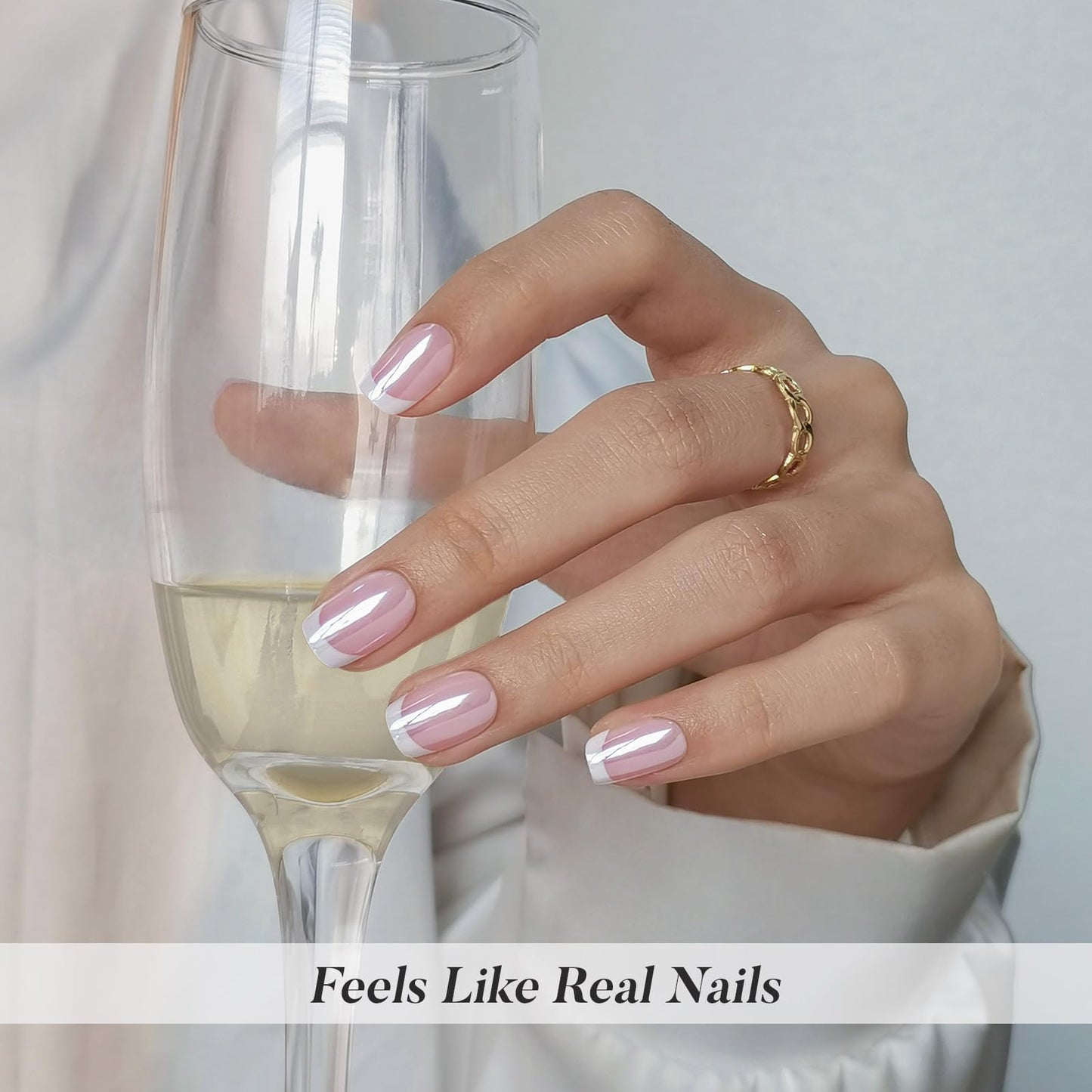 White Chrome French Tip Press on Nails Short - SHANGMENG Soft Gel Press on Nails Square for Women Gift, Glossy Glue on Nails in 16 Sizes - 32 Reusable Fake Nails Kit with Glue, Aurora French