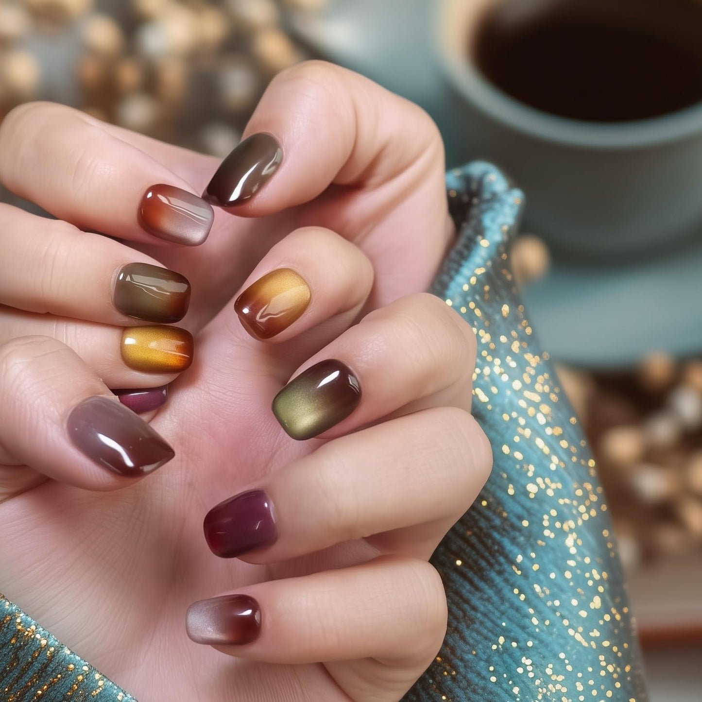 Fine Point Velvet Macchiato Press-On Nails, Short Squoval Glassy Velvet Cat Eye Chrome Ombre Handmade Reusable Nails, Color Blended Mauve Gold Silver Brown Metallic Neutral 10 PCS (Size Medium)